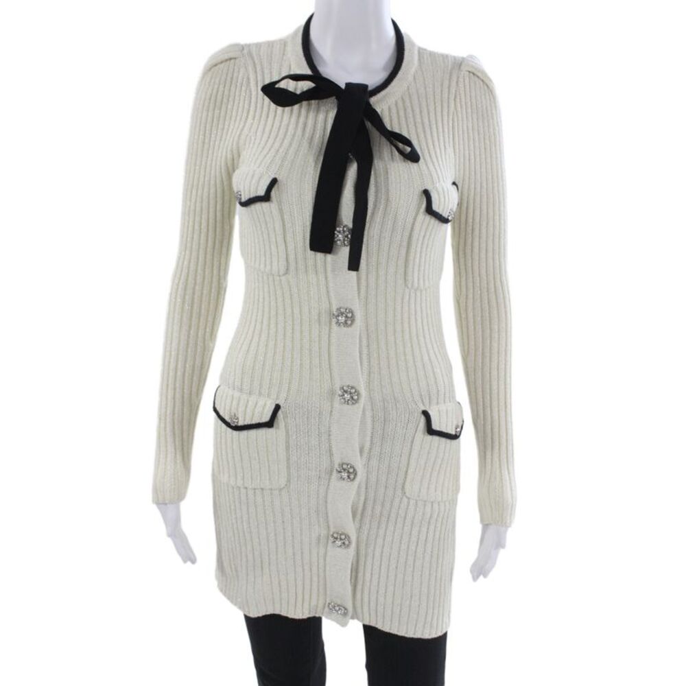 Self Portrait Womens Striped Button Cardigan White Crew Neck Long Sleeve Size S - Picture 1 of 6